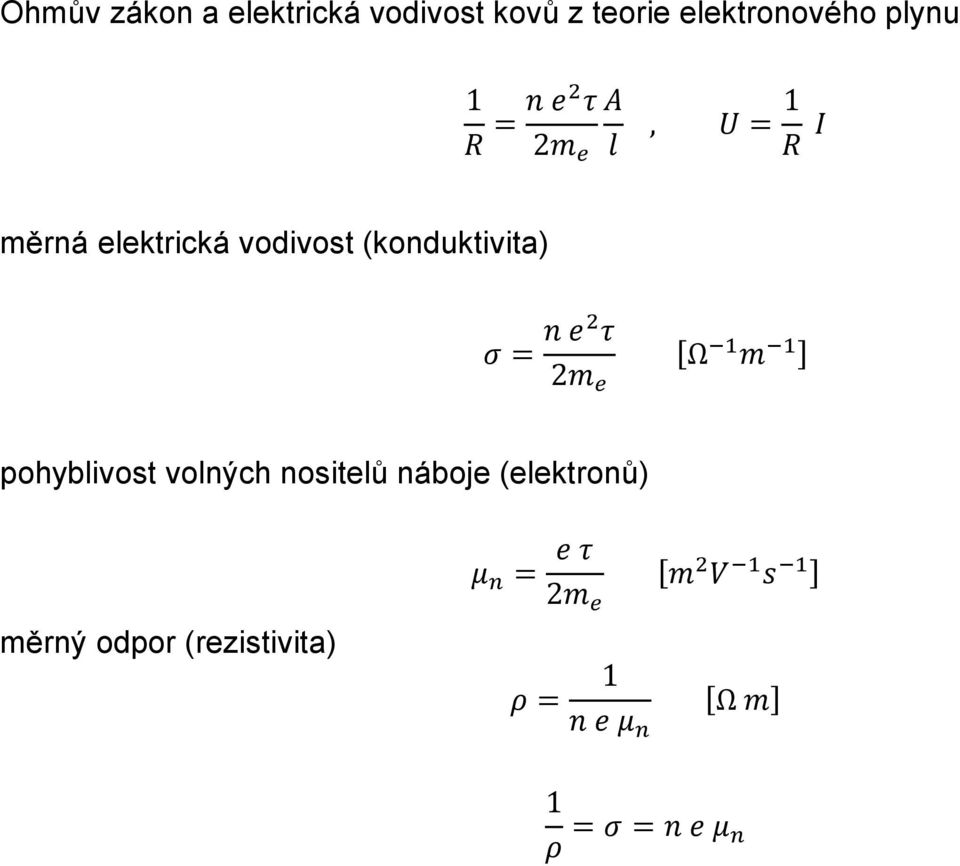 τ 2m e Ω 1 m 1 pohyblivost volných nositelů náboje (elektronů) měrný odpor