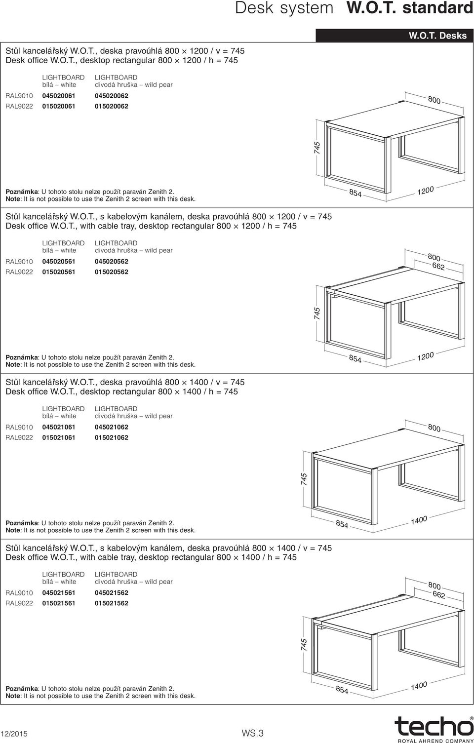 , s kabelovým kanálem, deska pravoúhlá 1200 / v = Desk office W.O.T.