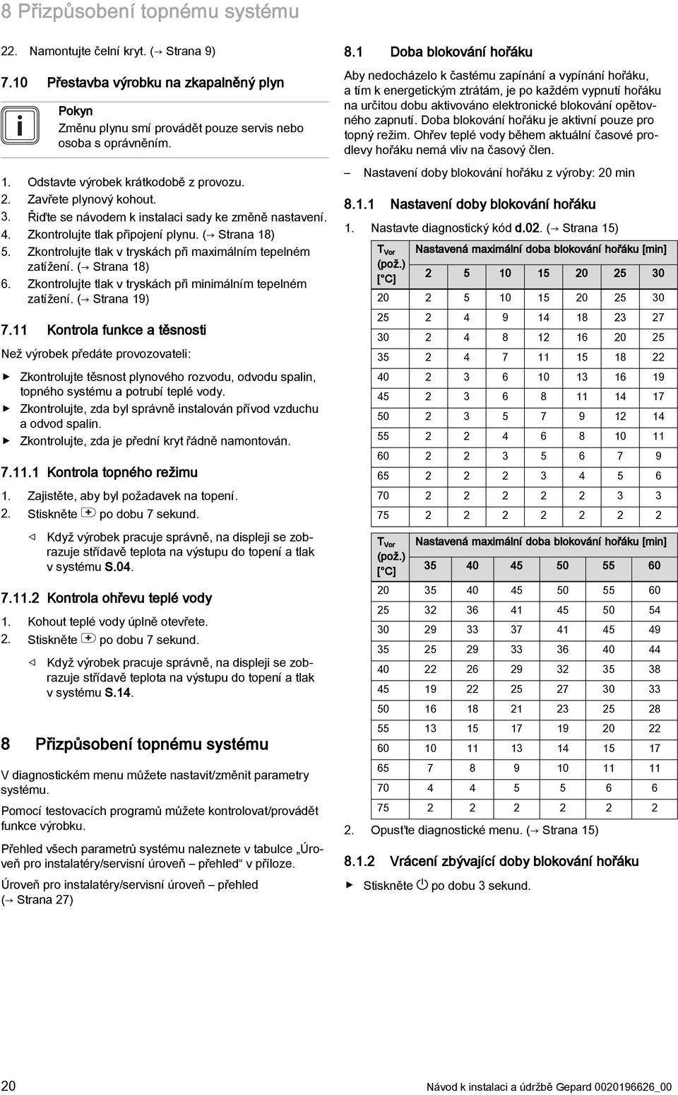 Zkontrolujte tlak v tryskách při maximálním tepelném zatížení. ( Strana 8) 6. Zkontrolujte tlak v tryskách při minimálním tepelném zatížení. ( Strana 9) 7.