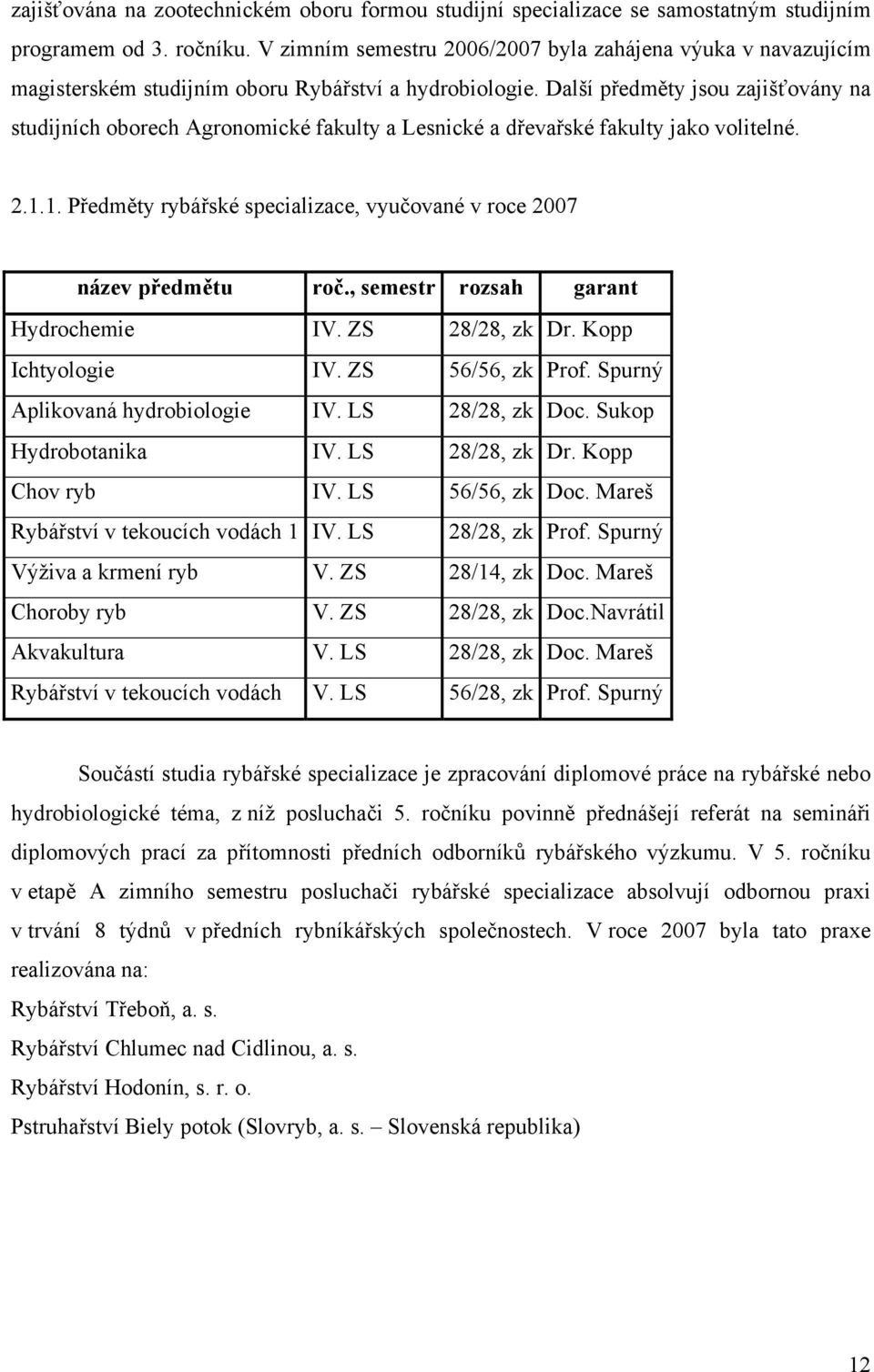 Další předměty jsou zajišťovány na studijních oborech Agronomické fakulty a Lesnické a dřevařské fakulty jako volitelné. 2.1.1. Předměty rybářské specializace, vyučované v roce 2007 název předmětu roč.