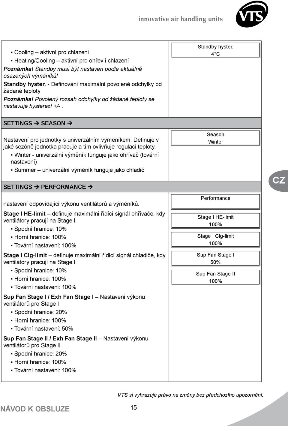 4 C SETTINGS Ú SEASON Ú Nastavení pro jednotky s univerzálním výměníkem. Definuje v jaké sezóně jednotka pracuje a tím ovlivňuje regulaci teploty.