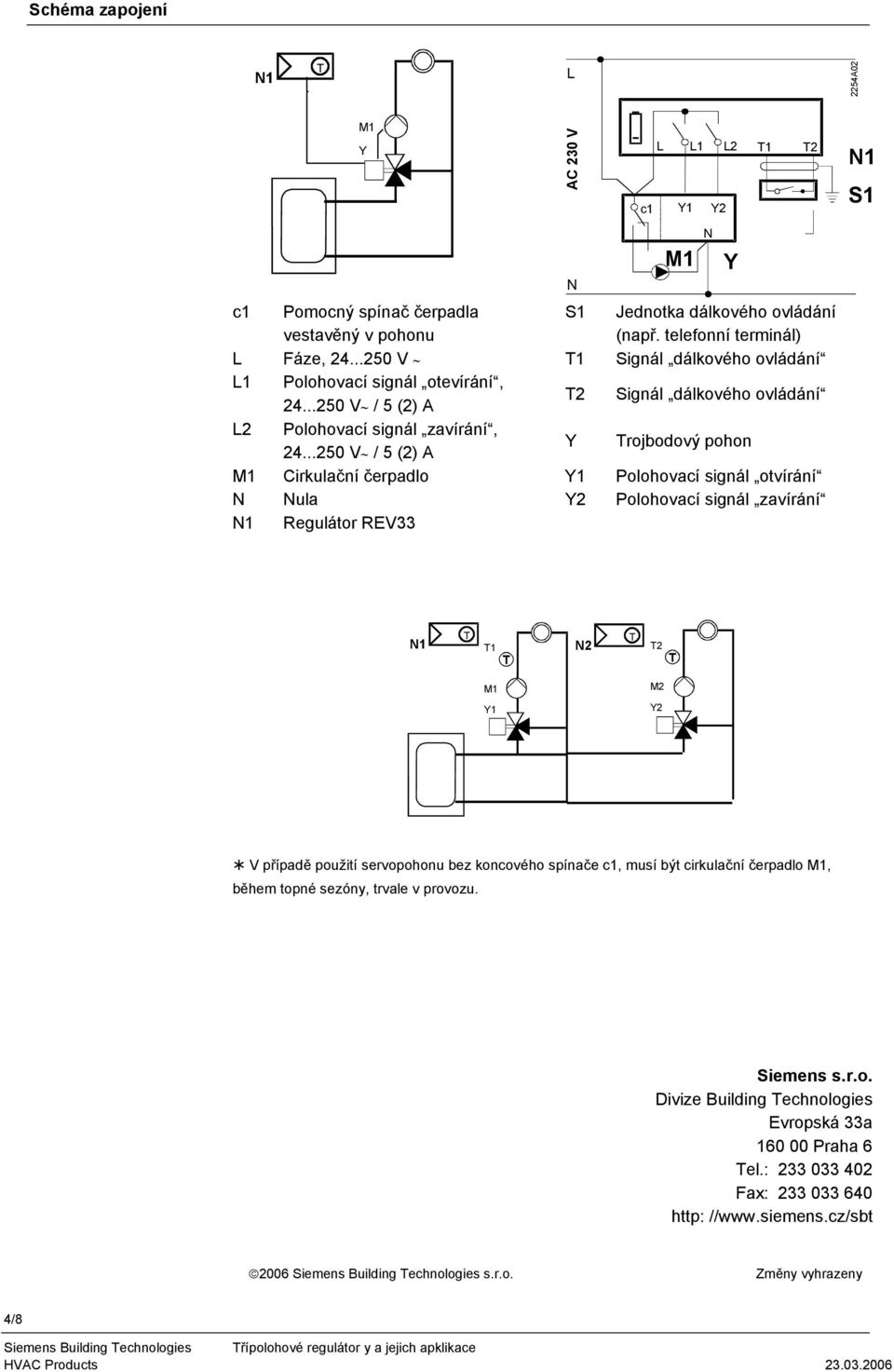 ..250 V / 5 (2) A Y Trojbodový pohon M1 Cirkulační čerpadlo Y1 Polohovací signál otvírání N Nula Y2 Polohovací signál zavírání N1 Regulátor REV33 AC 230 V c1 L Y1 M1 L1 L2 N Y2 Y T1 T2 N1 S1 N1 T T1