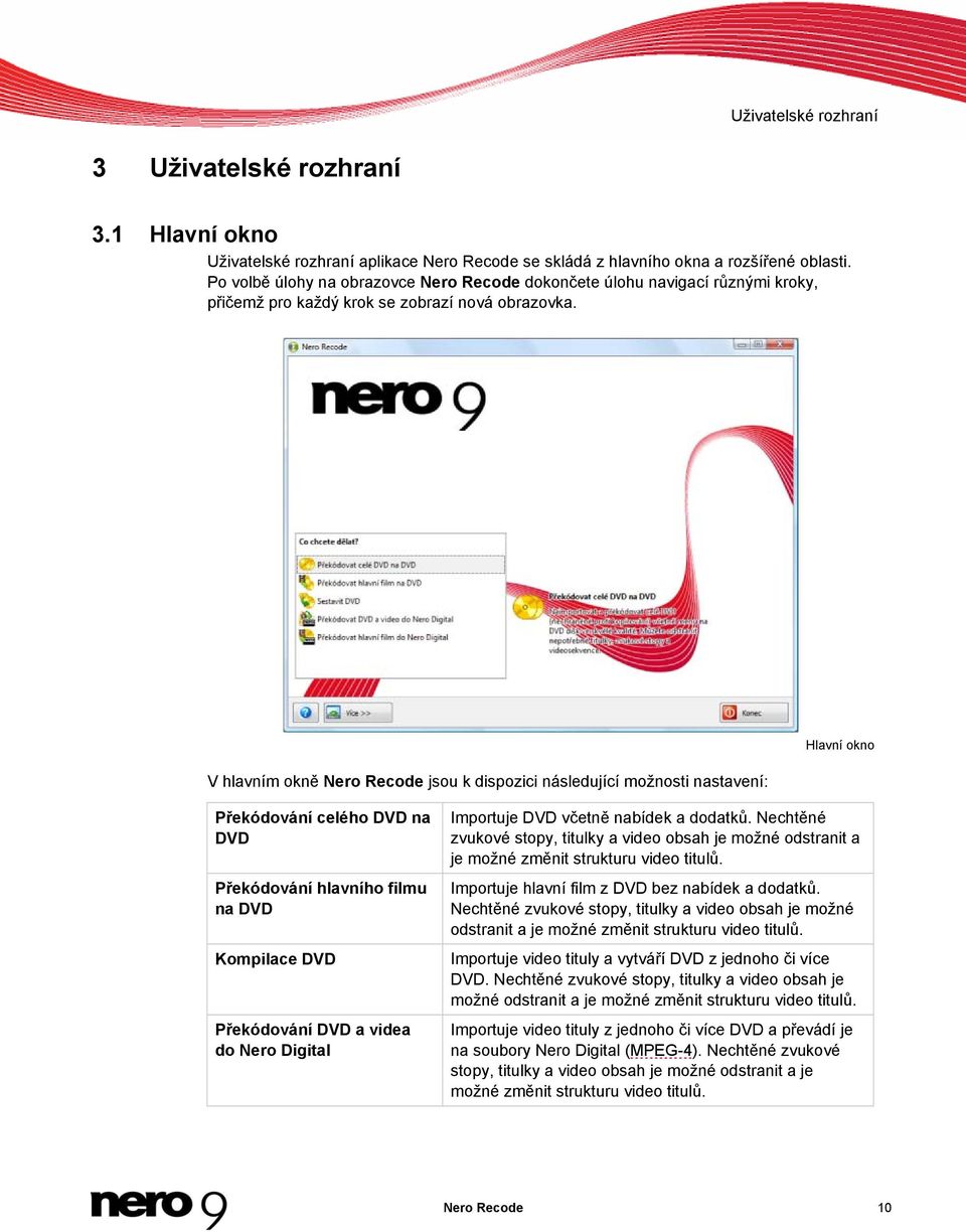 V hlavním okně Nero Recode jsou k dispozici následující možnosti nastavení: Hlavní okno Překódování celého DVD na DVD Překódování hlavního filmu na DVD Kompilace DVD Překódování DVD a videa do Nero