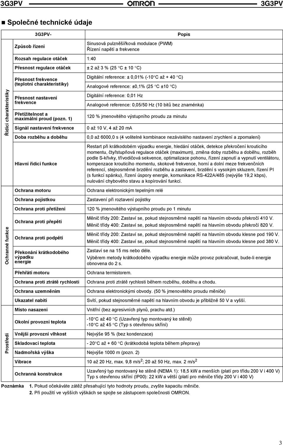 1) Signál nastavení frekvence Doba rozběhu a doběhu Digitální reference: ± 0,01% (-10 C až + 40 C) Analogové reference: ±0,1% (25 C ±10 C) Digitální reference: 0,01 Hz Analogové reference: 0,05/50 Hz