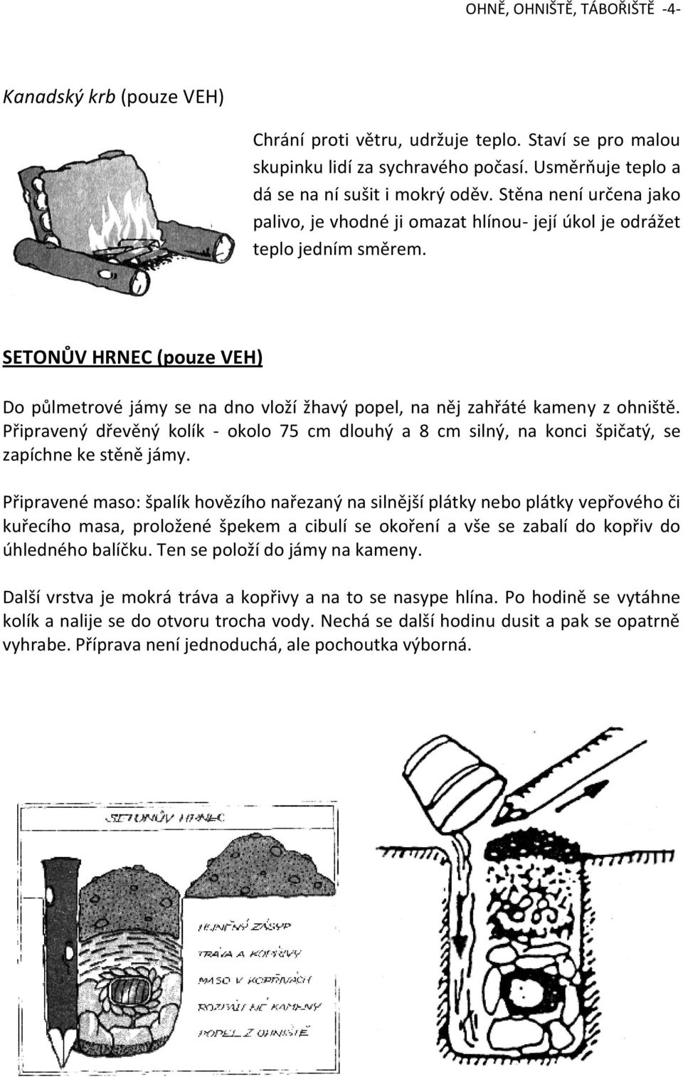 SETONŮV HRNEC (pouze VEH) Do půlmetrové jámy se na dno vloží žhavý popel, na něj zahřáté kameny z ohniště.