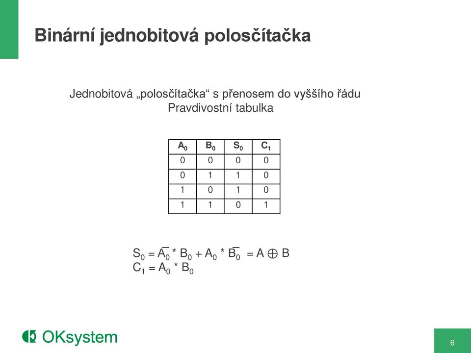 Pravdivostní tabulka A 0 B 0 S 0 C 1 0 0 0 0 0 1 1