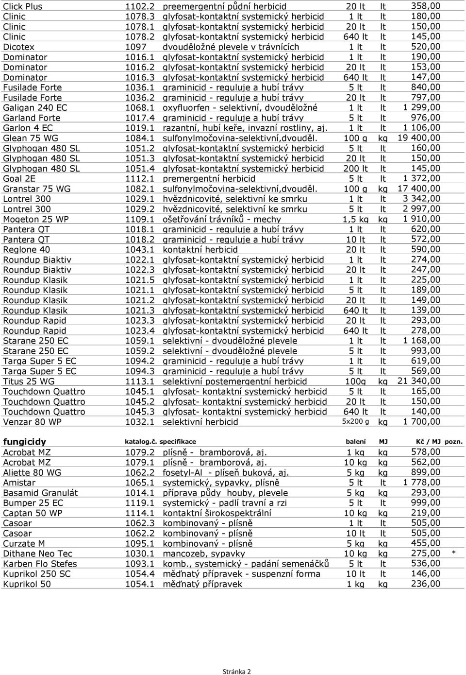 2 glyfosat-kontaktní systemický herbicid 640 lt lt 145,00 Dicotex 1097 dvouděložné plevele v trávnících 1 lt lt 520,00 Dominator 1016.