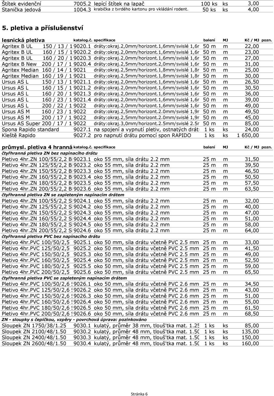 1,6mm/svislé 1,6mm 50 m m 22,00 Agritex B UL 160 / 15 / 159020.2 dráty:okraj.2,0mm/horizont.1,6mm/svislé 1,6mm 50 m m 23,00 Agritex B UL 160 / 20 / 159020.3 dráty:okraj.2,0mm/horizont.1,6mm/svislé 1,6mm 50 m m 27,00 Agritex B New 200 / 17 / 159020.