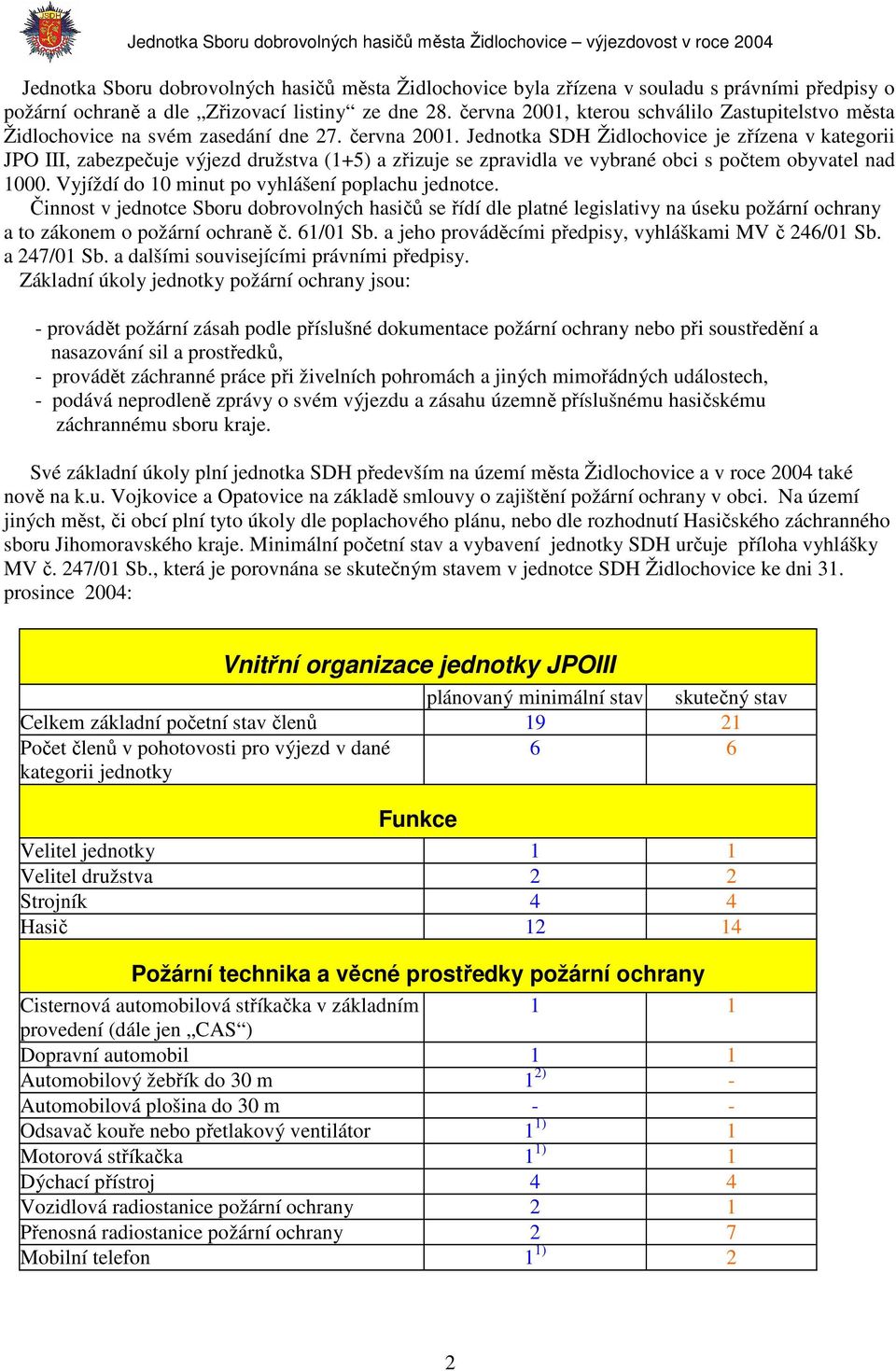 Jednotka SDH Židlochovice je zřízena v kategorii JPO III, zabezpečuje výjezd družstva (1+5) a zřizuje se zpravidla ve vybrané obci s počtem obyvatel nad 1000.