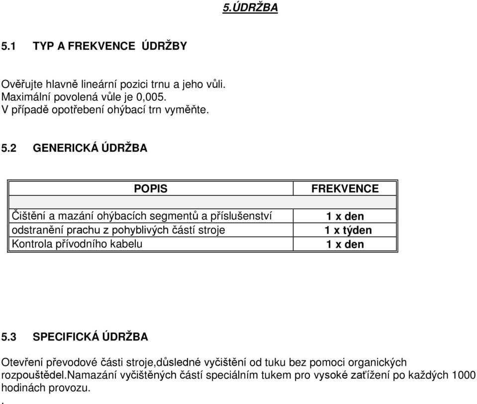 GENERICKÁ ÚDRŽBA POPIS Čištění a mazání ohýbacích segmentů a příslušenství odstranění prachu z pohyblivých částí stroje Kontrola