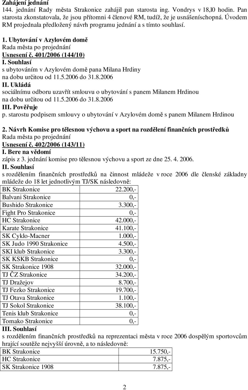 401/2006 (144/10) s ubytováním v Azylovém domě pana Milana Hrdiny na dobu určitou od 11.5.2006 do 31.8.2006 sociálnímu odboru uzavřít smlouvu o ubytování s panem Milanem Hrdinou na dobu určitou od 11.