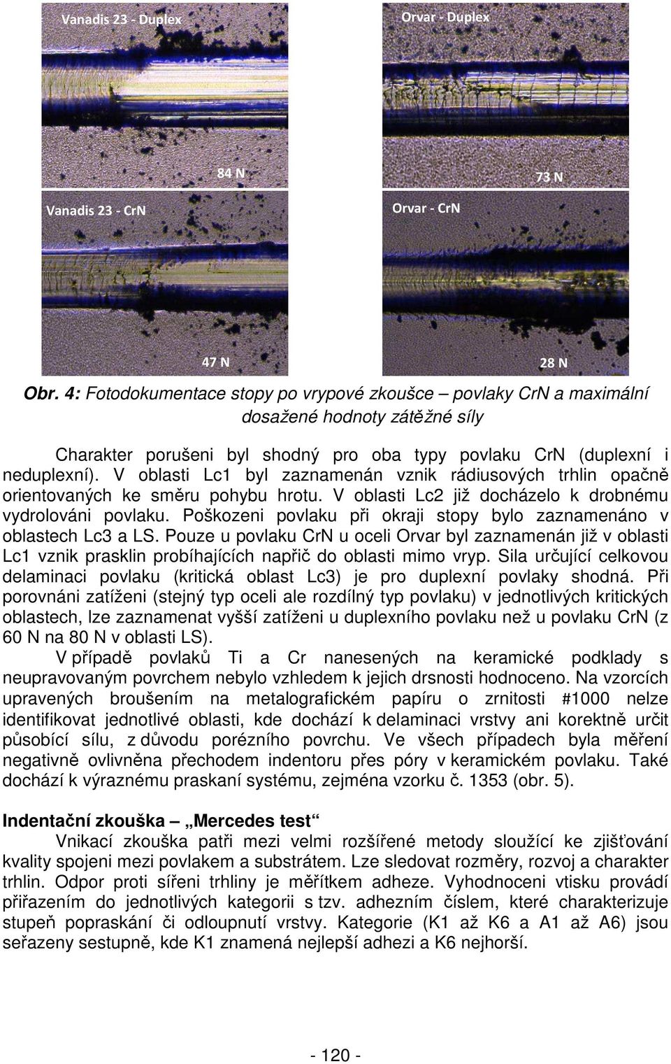 V oblasti Lc1 byl zaznamenán vznik rádiusových trhlin opačně orientovaných ke směru pohybu hrotu. V oblasti Lc2 již docházelo k drobnému vydrolováni povlaku.