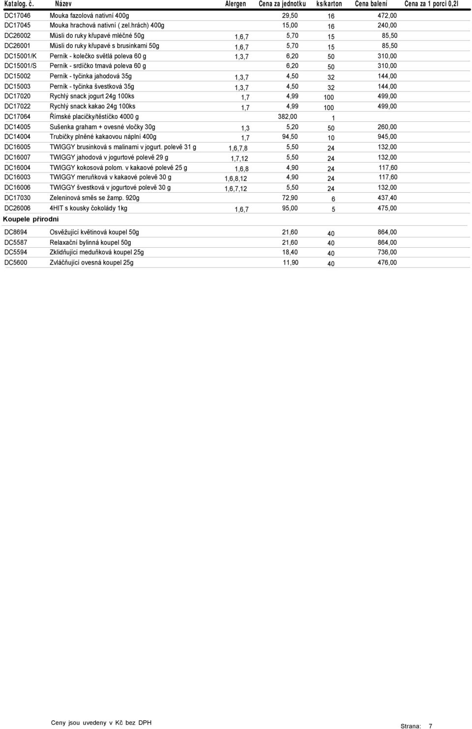 50 30,00 DC500/S Perník - srdíčko tmavá poleva 60 g 6,20 50 30,00 DC5002 Perník - tyčinka jahodová 35g,3,7 4,50 32 44,00 DC5003 Perník - tyčinka švestková 35g,3,7 4,50 32 44,00 DC7020 Rychlý snack