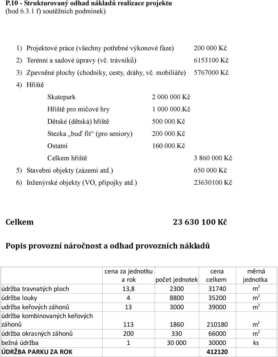 Kč Stezka buď fit (pro seniory) 200 000.Kč Ostatní 160 000.Kč Celkem hřiště 3 860 000 Kč 5) Stavební objekty (zázemí atd.) 650 000 Kč 6) Inženýrské objekty (VO, přípojky atd.