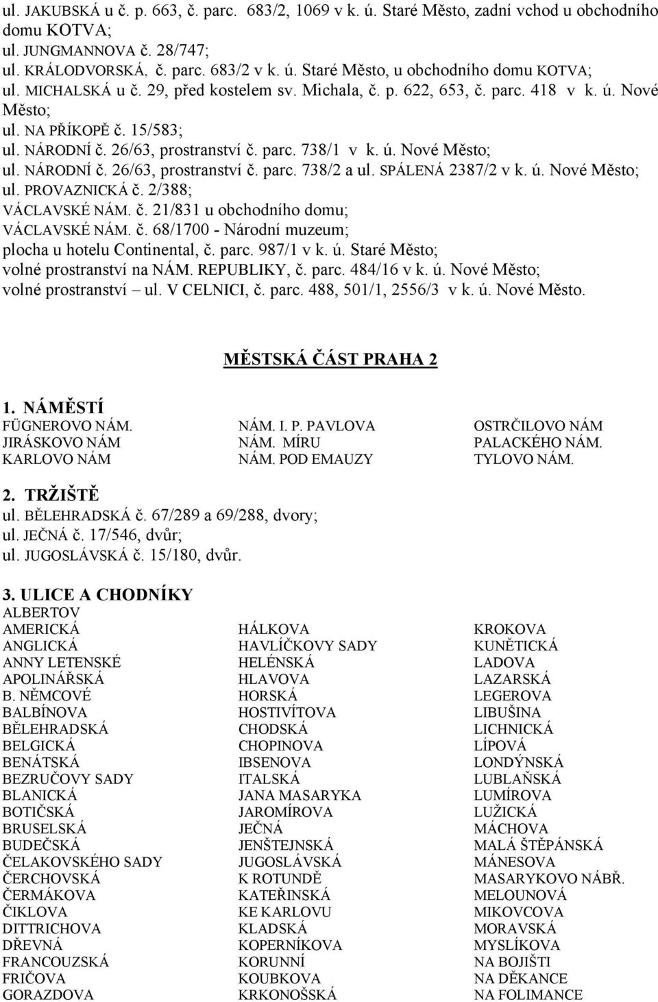 SPÁLENÁ 2387/2 v k. ú. Nové Město; ul. PROVAZNICKÁ č. 2/388; VÁCLAVSKÉ NÁM. č. 21/831 u obchodního domu; VÁCLAVSKÉ NÁM. č. 68/1700 - Národní muzeum; plocha u hotelu Continental, č. parc. 987/1 v k. ú. Staré Město; volné prostranství na NÁM.