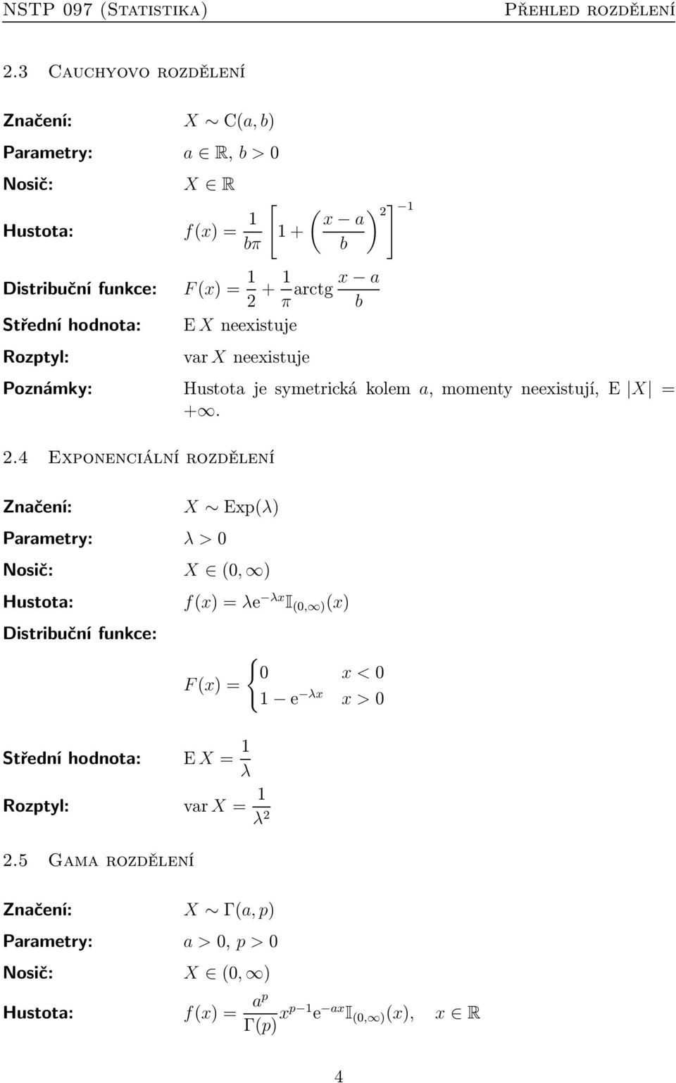 .4 Exponenciální rozdělení λ >0 X Exp(λ) X (0, ) Hustota: Distribuční funkce: f(x)=λe λx I (0, ) (x) F(x)= { 0 x <0 e λx