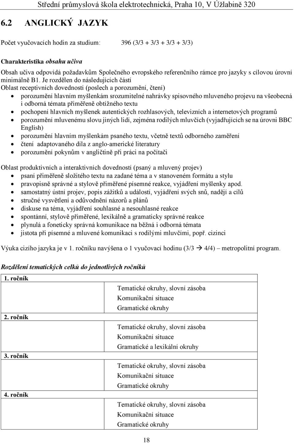 Je rozdělen do následujících částí Oblast receptivních dovedností (poslech a porozumění, čtení) porozumění hlavním myšlenkám srozumitelné nahrávky spisovného mluveného projevu na všeobecná i odborná