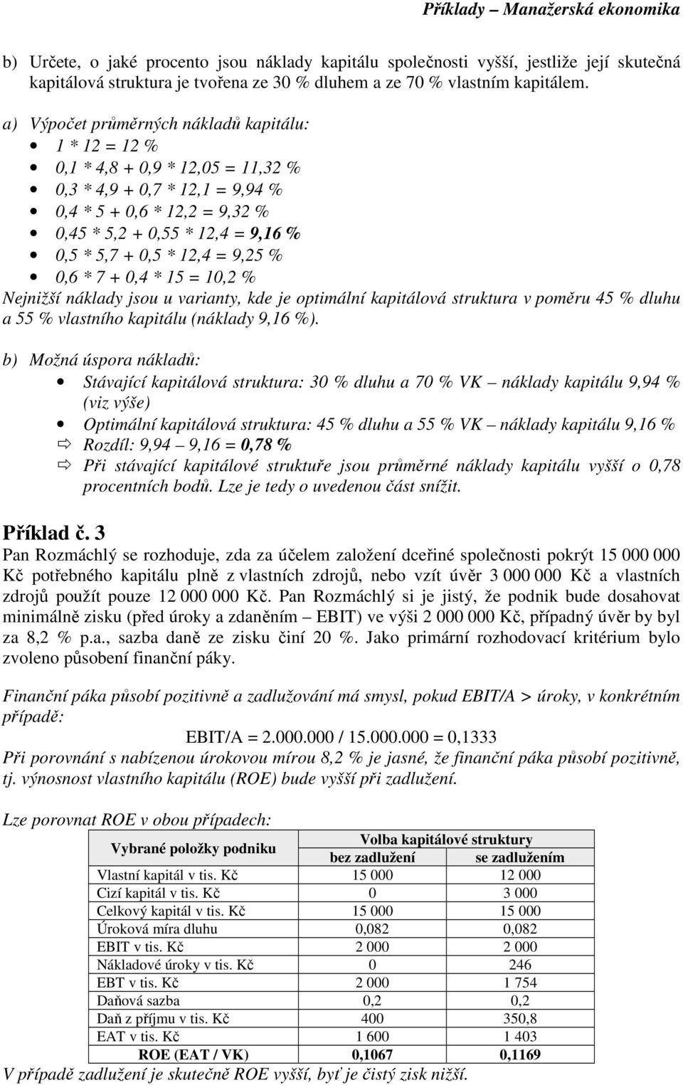 * 12,4 = 9,25 % 0,6 * 7 + 0,4 * 15 = 10,2 % Nejnižší náklady jsou u varianty, kde je optimální kapitálová struktura v poměru 45 % dluhu a 55 % vlastního kapitálu (náklady 9,16 %).