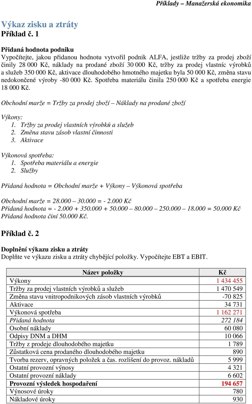 výrobků a služeb 350 000 Kč, aktivace dlouhodobého hmotného majetku byla 50 000 Kč, změna stavu nedokončené výroby -80 000 Kč. Spotřeba materiálu činila 250 000 Kč a spotřeba energie 18 000 Kč.