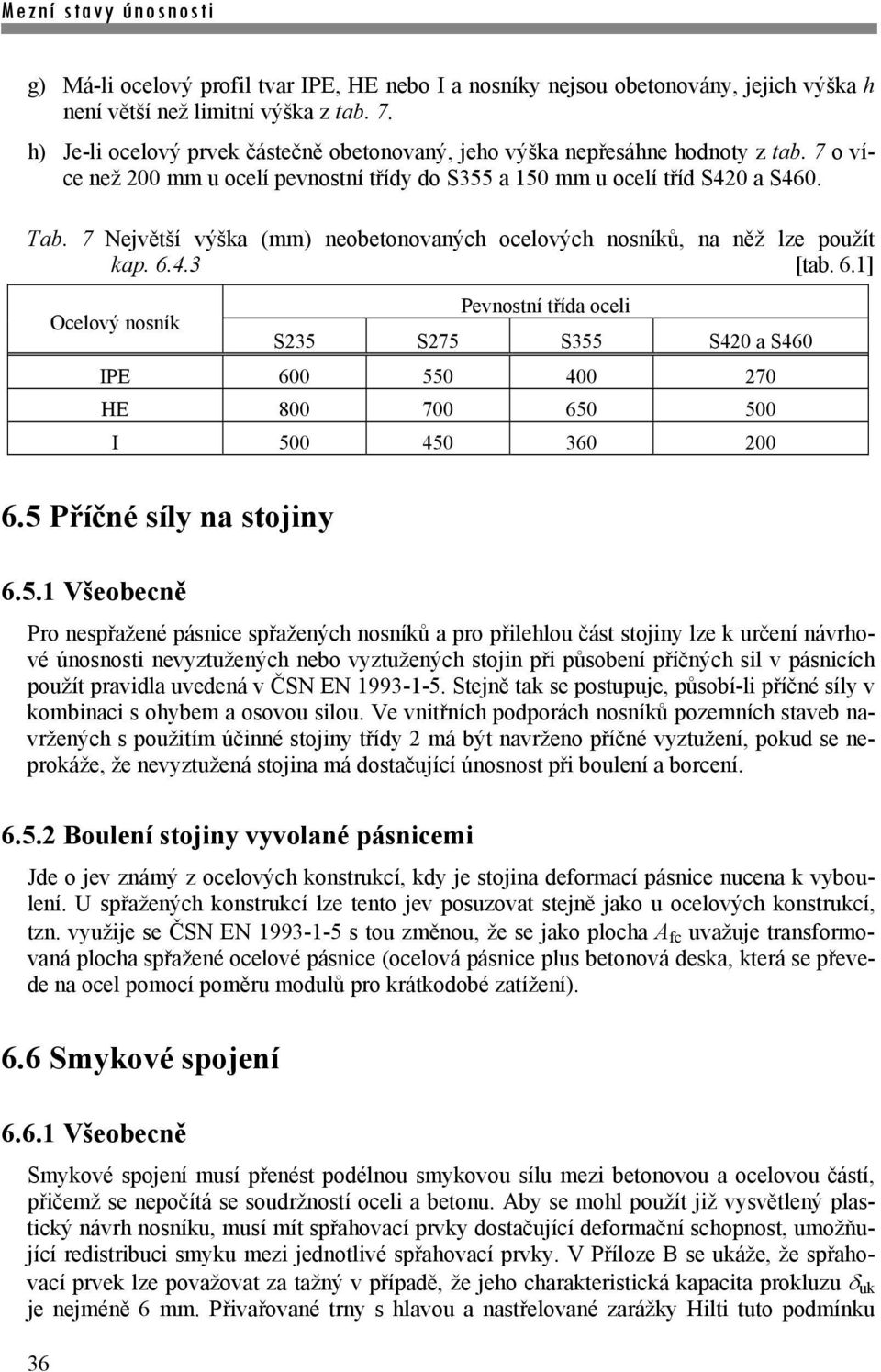 7 Největší výška (mm) neobetonovaných ocelových nosníků, na něž lze použít kap. 6.