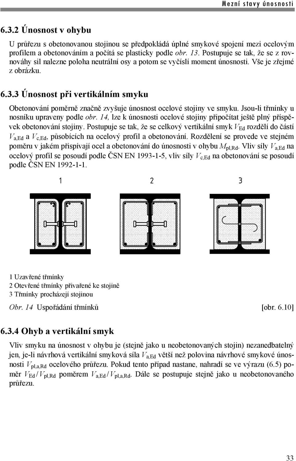 3 Únosnost při vertikálním smyku Obetonování poměrně značně zvyšuje únosnost ocelové stojiny ve smyku. Jsou-li třmínky u nosníku upraveny podle obr.