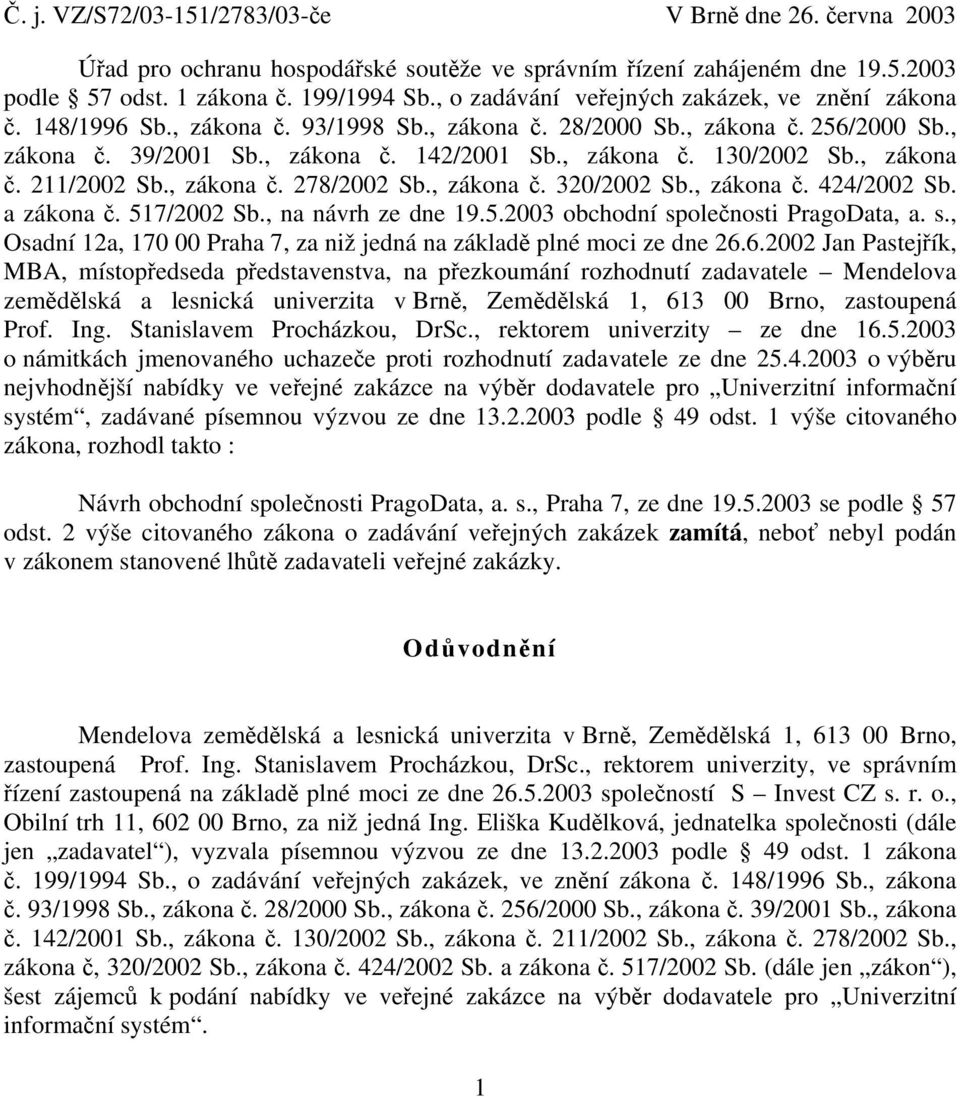 , zákona č. 211/2002 Sb., zákona č. 278/2002 Sb., zákona č. 320/2002 Sb., zákona č. 424/2002 Sb. a zákona č. 517/2002 Sb., na návrh ze dne 19.5.2003 obchodní sp