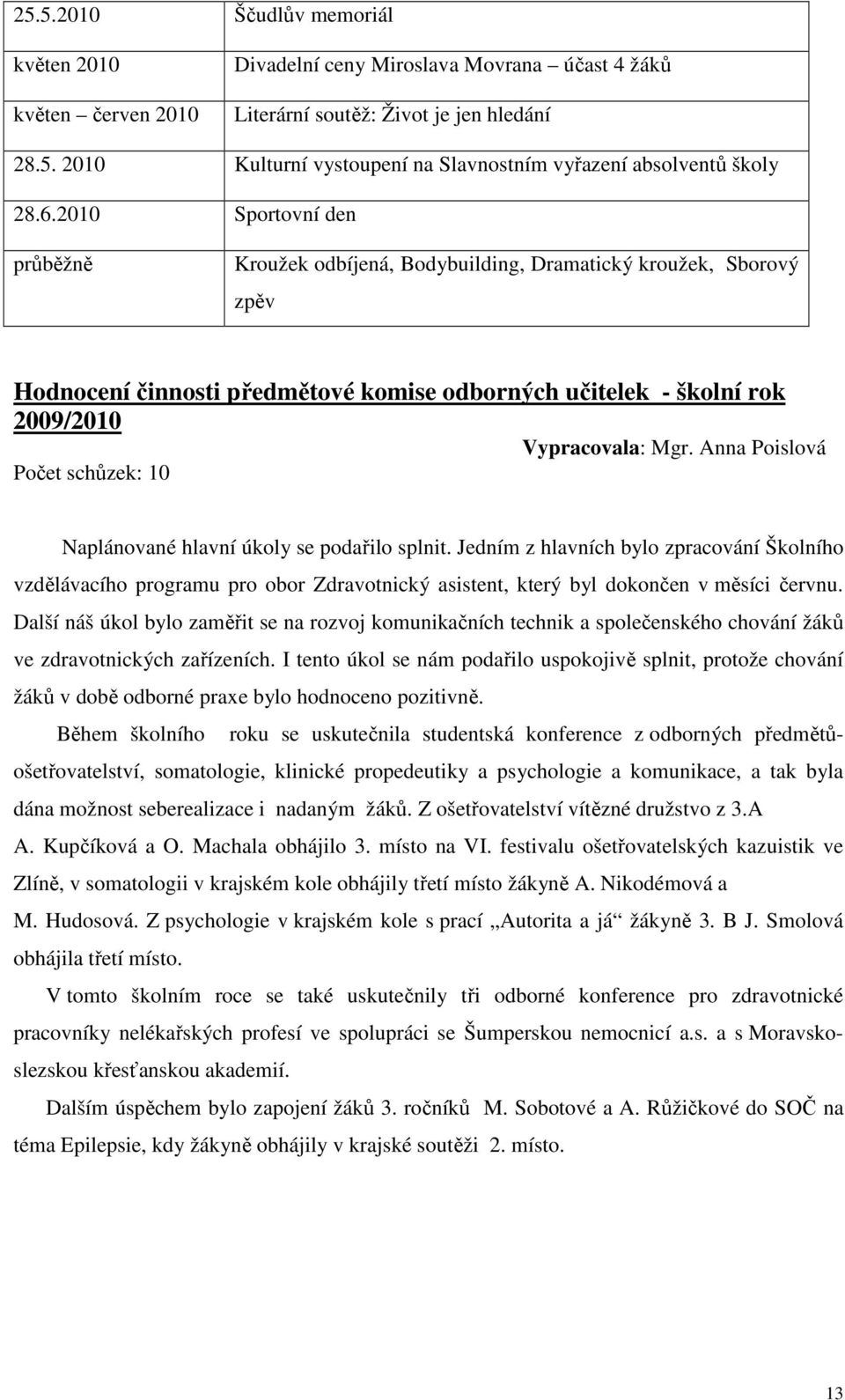 Anna Poislová Počet schůzek: 10 Naplánované hlavní úkoly se podařilo splnit.