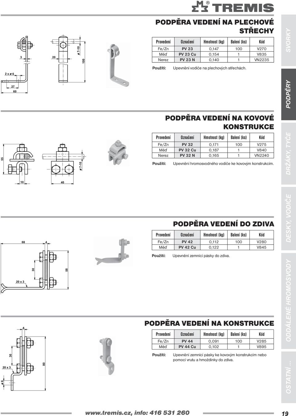 PODPĚRA VEDENÍ NA KOVOVÉ KONSTRUKCE PV 32 0,171 100 V275 Měď PV 32 Cu 0,187 1 V840 Nerez PV 32 N 0,165 1 VN2240 Upevnění hromosvodného vodiče ke