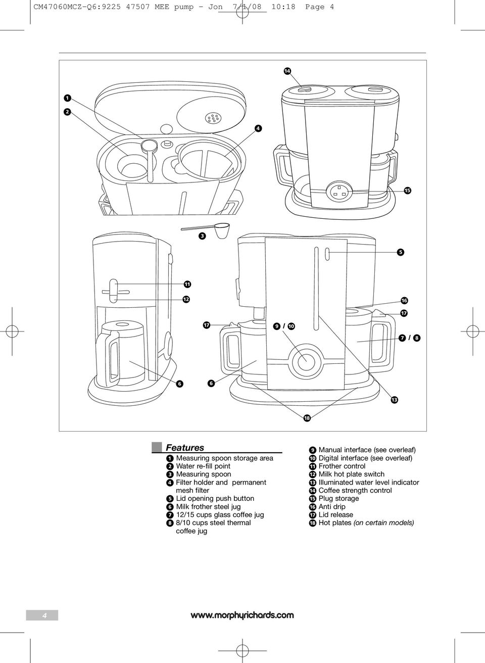 jug 8/10 cups steel thermal coffee jug Manual interface (see overleaf) Digital interface (see overleaf) Frother control Â Milk hot plate