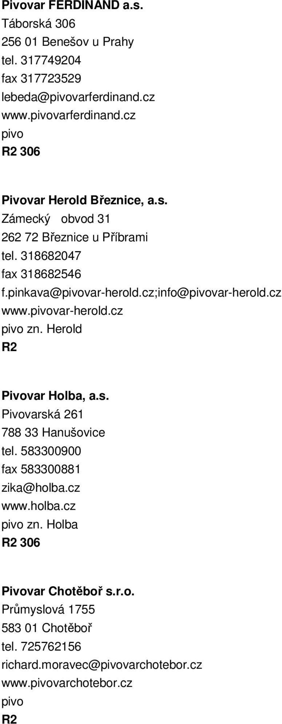pinkava@var-herold.cz;info@var-herold.cz www.var-herold.cz zn. Herold Pivovar Holba, a.s. Pivovarská 261 788 33 Hanušovice tel.