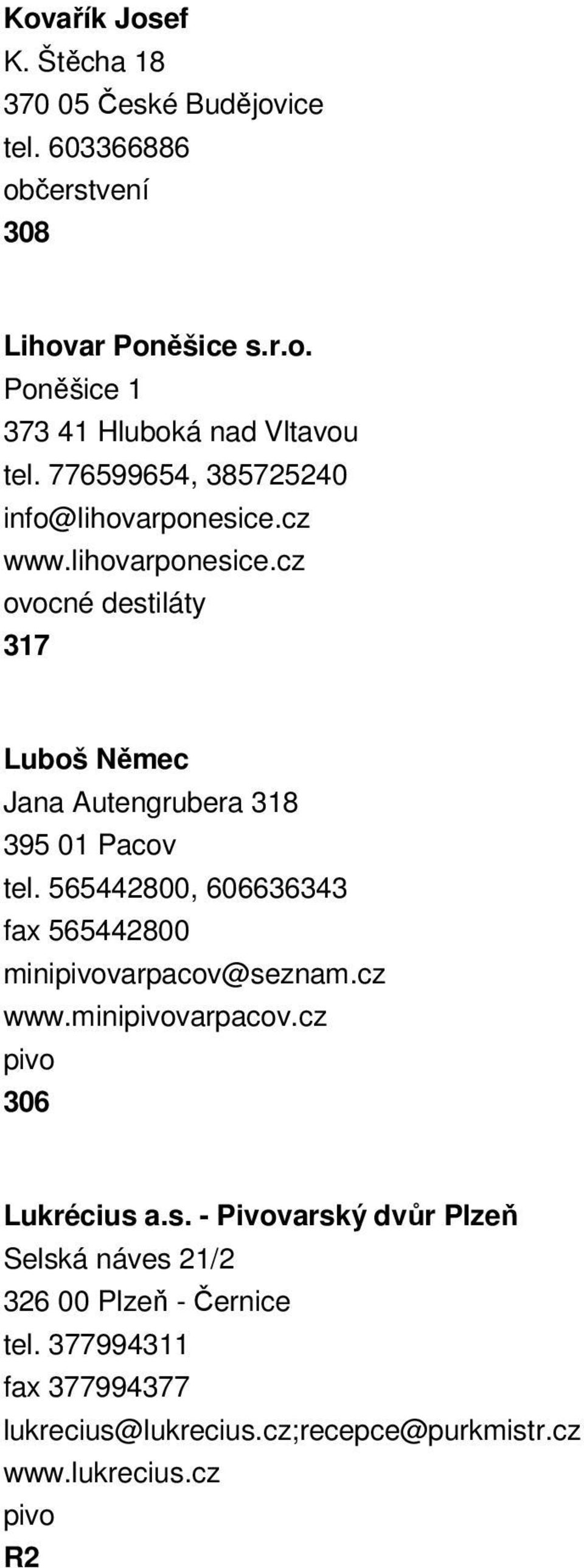 565442800, 606636343 fax 565442800 minivarpacov@seznam.cz www.minivarpacov.cz 306 Lukrécius a.s. - Pivovarský dvůr Plzeň Selská náves 21/2 326 00 Plzeň - Černice tel.