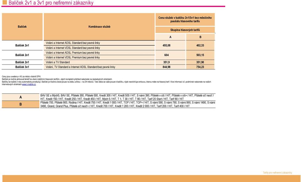 503,15 Balíček 2v1 Volání a TV Standard 351,9 351,90 Balíček 3v1 Volání, TV Standard a Internet ADSL Standard bez pevné linky 844,98 754,23 Ceny jsou uvedeny v Kč za měsíc včetně DPH.