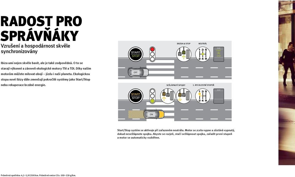 Ekologickou stopu nové Ibizy dále zmenšují pokročilé systémy jako Start/Stop nebo rekuperace brzdné energie. OFF OFF SEŠLÁPNUTÍ SPOJKY 1. RYCHLOSTNÍ STUPEŇ SEŠLÁPNUTÍ SPOJKY 1.