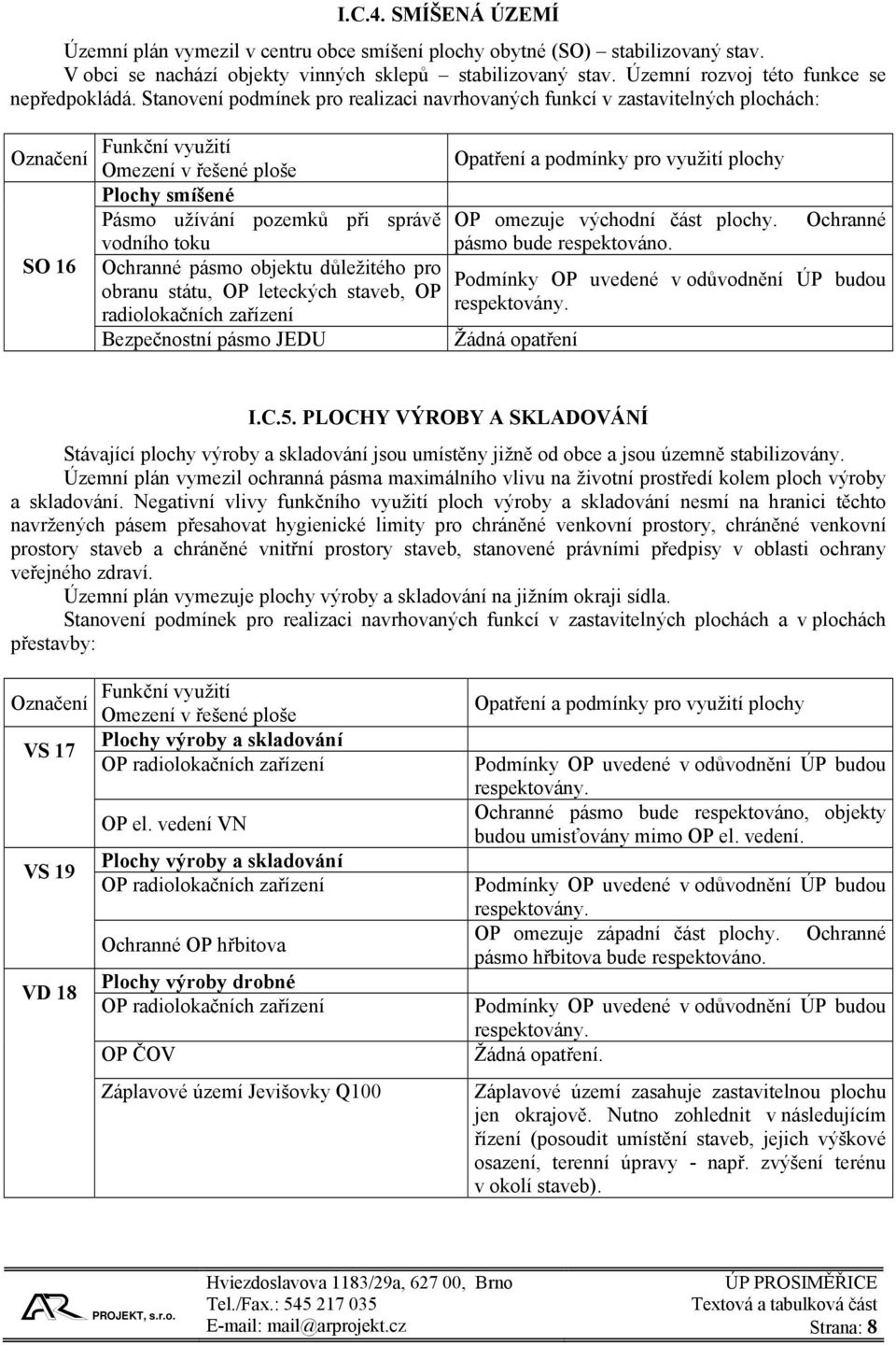 Stanovení podmínek pro realizaci navrhovaných funkcí v zastavitelných plochách: Označení SO 16 Funkční využití Opatření a podmínky pro využití plochy Omezení v řešené ploše Plochy smíšené Pásmo