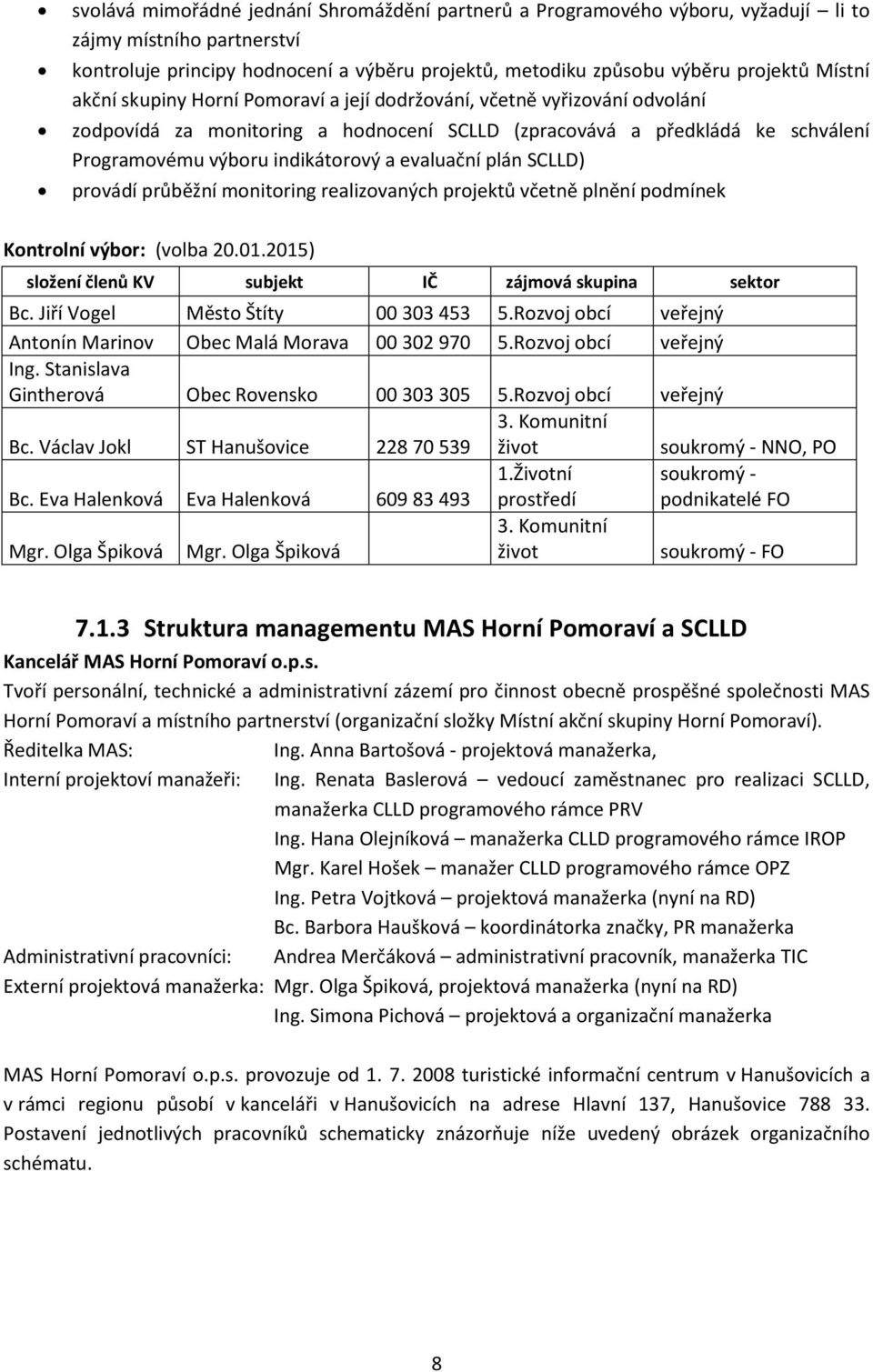 evaluační plán SCLLD) provádí průběžní monitoring realizovaných projektů včetně plnění podmínek Kontrolní výbor: (volba 20.01.2015) složení členů KV subjekt IČ zájmová skupina sektor Bc.