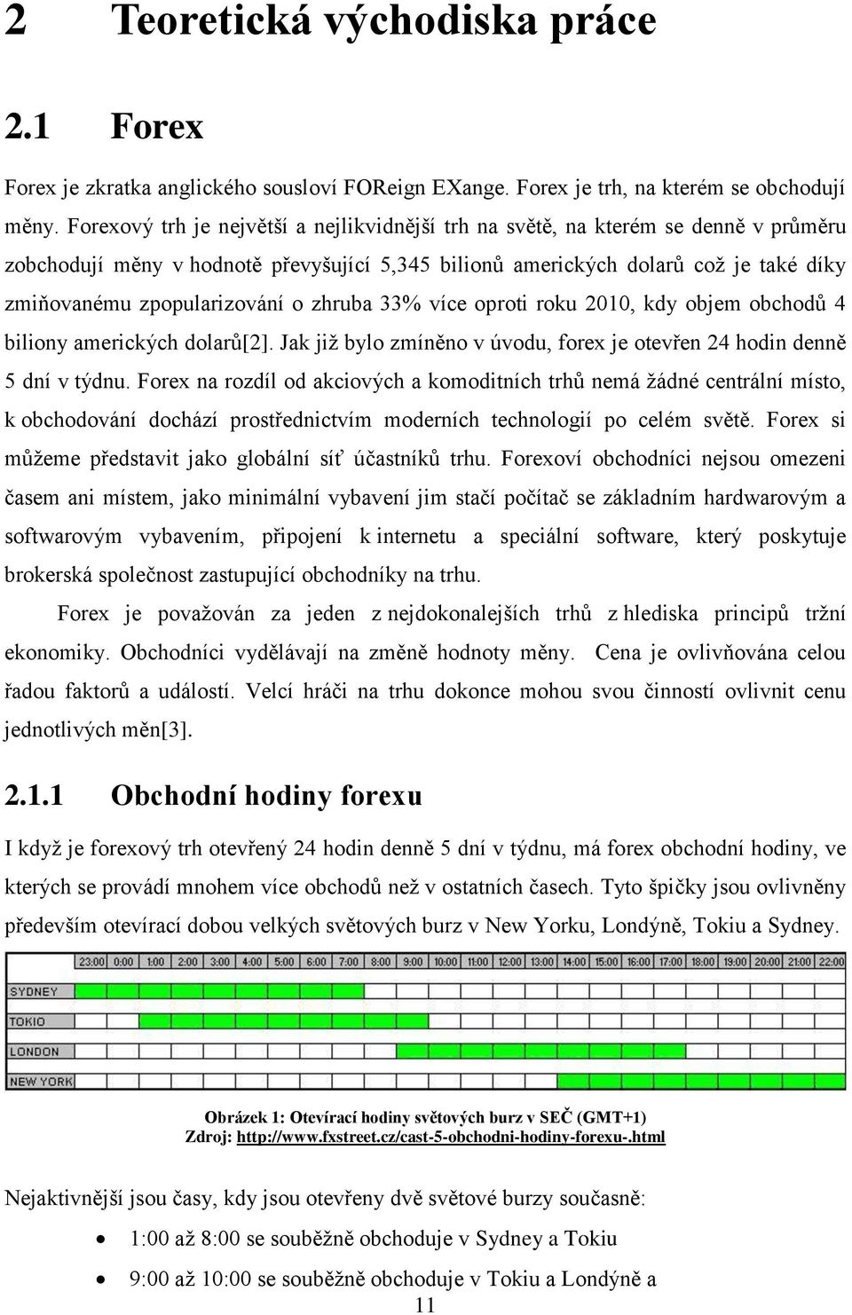 o zhruba 33% více oproti roku 2010, kdy objem obchodů 4 biliony amerických dolarů[2]. Jak jiţ bylo zmíněno v úvodu, forex je otevřen 24 hodin denně 5 dní v týdnu.