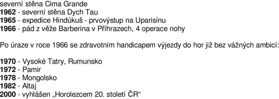 v roce 1966 se zdravotním handicapem výjezdy do hor již bez vážných ambicí: 1970 - Vysoké