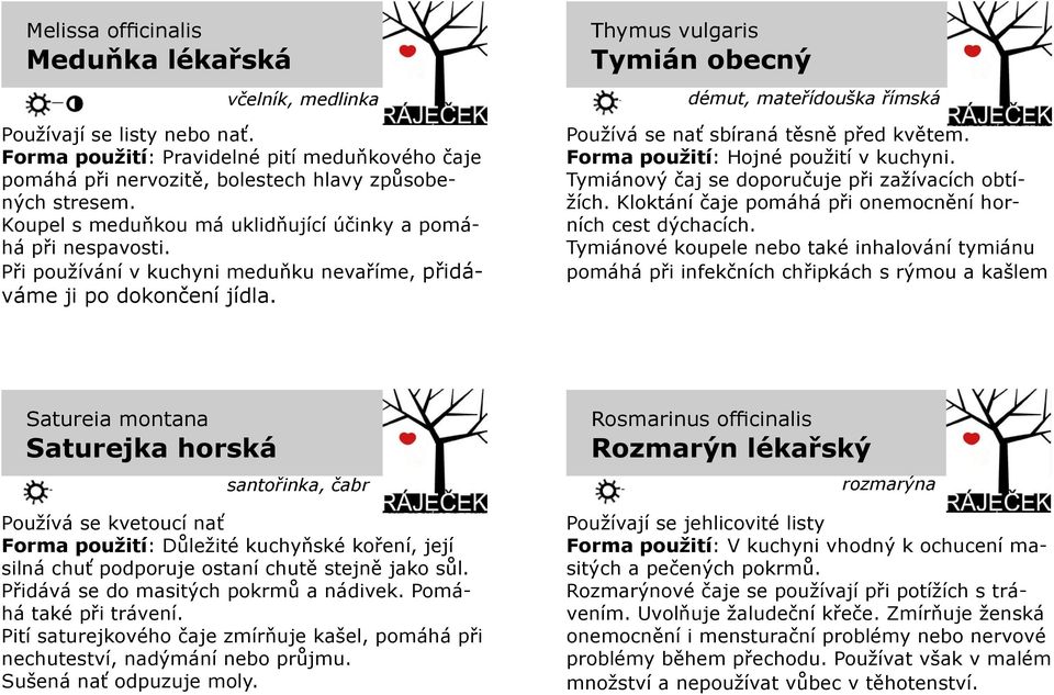 Thymus vulgaris Tymián obecný démut, mateřídouška římská Používá se nať sbíraná těsně před květem. Forma použití: Hojné použití v kuchyni. Tymiánový čaj se doporučuje při zažívacích obtížích.