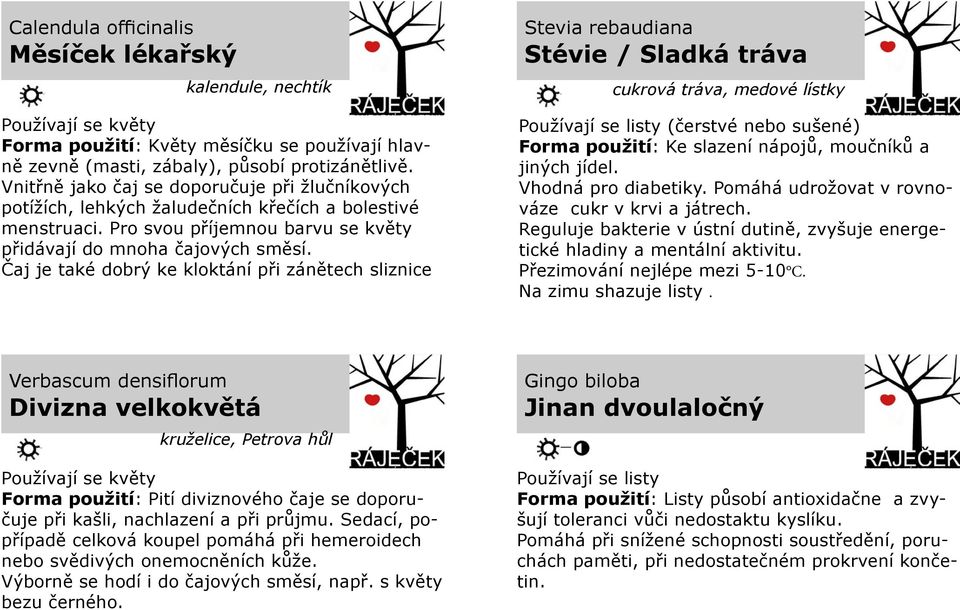 Čaj je také dobrý ke kloktání při zánětech sliznice Stevia rebaudiana Stévie / Sladká tráva cukrová tráva, medové lístky Používají se listy (čerstvé nebo sušené) Forma použití: Ke slazení nápojů,