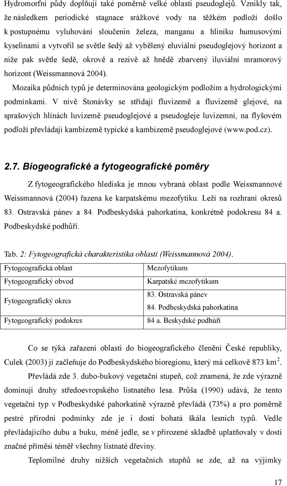 vybělený eluviální pseudoglejový horizont a níže pak světle šedě, okrově a rezivě až hnědě zbarvený iluviální mramorový horizont (Weissmannová 2004).