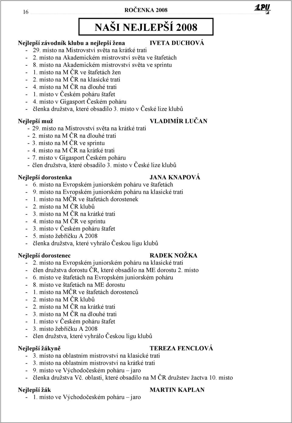 místo v Gigasport Českém poháru - členka družstva, které obsadilo 3. místo v České lize klubů Nejlepší muž VLADIMÍR LUČAN - 29. místo na Mistrovství světa na krátké trati - 2.