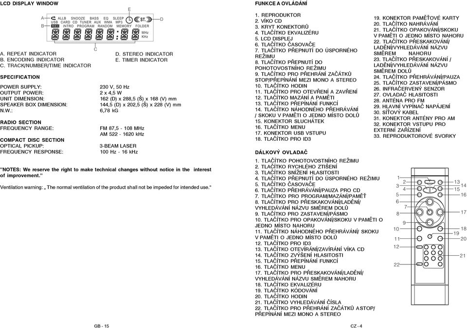 TIMER INDICATOR 230 V, 50 Hz 2 x 4,5 W 162 (D) x 288,5 (Š) x 168 (V) mm 144,5 (D) x 202,5 (Š) x 228 (V) mm 6,78 kg FM 87,5-108 MHz AM 522-1620 khz 3-BEAM LASER 100 Hz - 16 khz "NOTES: We reserve the