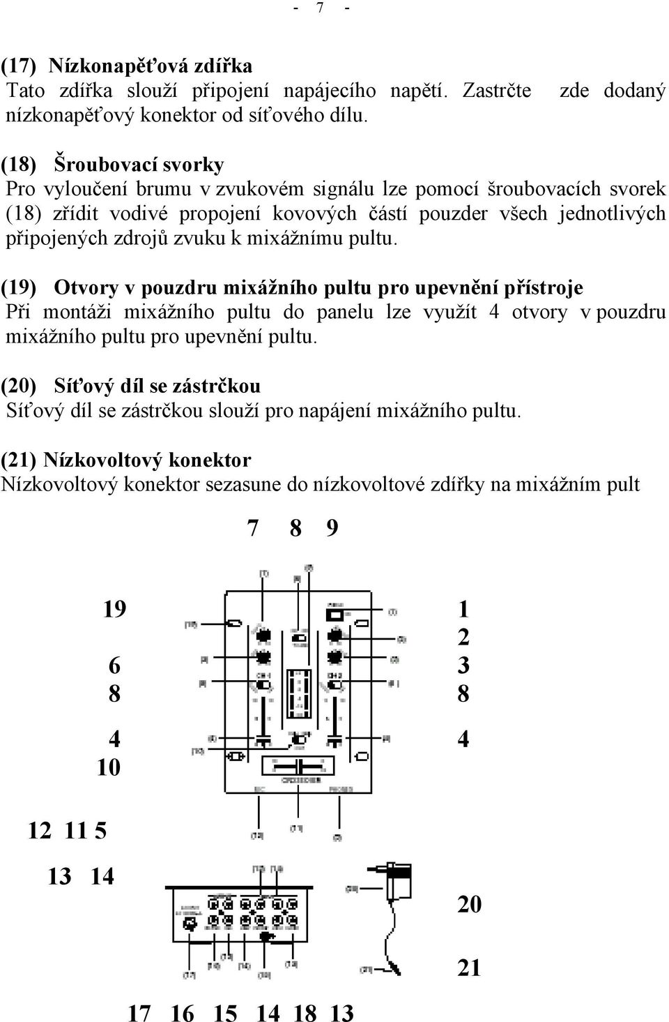 mixážnímu pultu. (19) Otvory v pouzdru mixážního pultu pro upevnění přístroje Při montáži mixážního pultu do panelu lze využít 4 otvory v pouzdru mixážního pultu pro upevnění pultu.