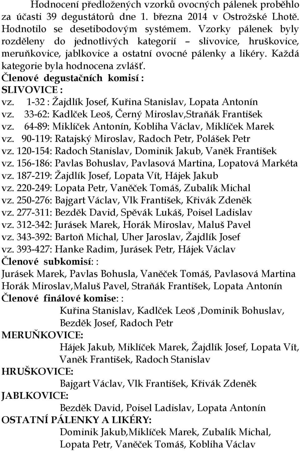 Členové degustačních komisí : SLIVOVICE : vz. 1-32 : Žajdlík Josef, Kuřina Stanislav, Lopata Antonín vz. 33-62: Kadlček Leoš, Černý Miroslav,Straňák František vz.