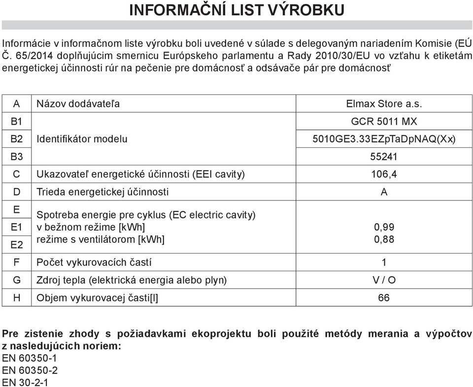 a.s. B1 B2 B3 55241 C Ukazovate¾ energetické úèinnosti (EEI cavity) 106,4 D Trieda energetickej úèinnosti A E Spotreba energie pre cyklus (EC electric cavity) E1 E2 F v be nom re ime [kwh] re ime s