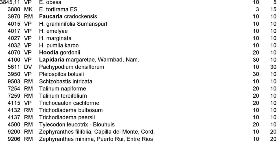 30 10 5611 DV Pachypodium densiflorum 10 30 3950 VP Pleiospilos bolusii 30 10 9503 RM Schizobastis intricata 10 10 7254 RM Talinum napiforme 20 10 7259 RM Talinum tereifolium 20 10 4115