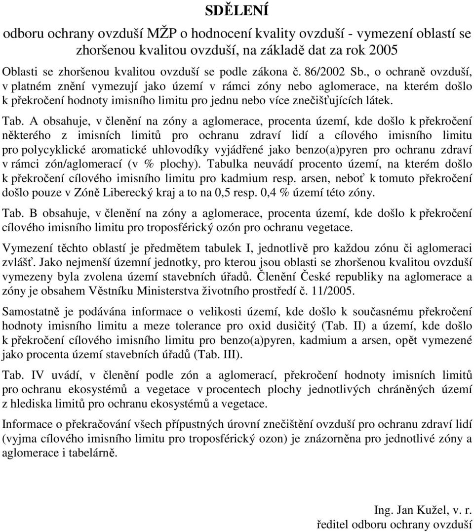 A obsahuje, v členění na zóny a aglomerace, procenta území, kde došlo k překročení některého z imisních limitů pro ochranu zdraví lidí a cílového imisního limitu pro polycyklické aromatické