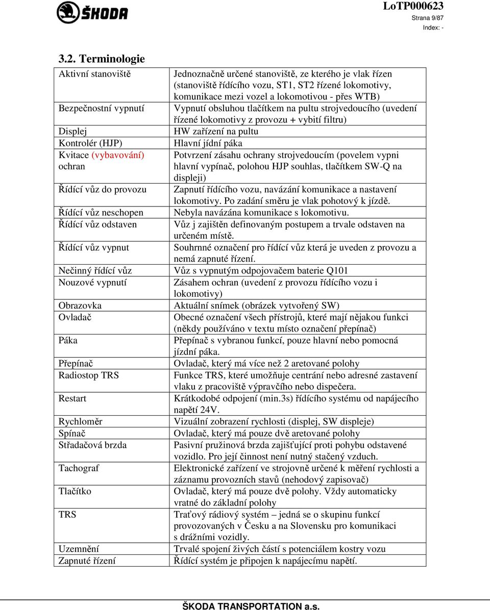 řídící vůz Nouzové vypnutí Obrazovka Ovladač Páka Přepínač Radiostop TRS Restart Rychloměr Spínač Střadačová brzda Tachograf Tlačítko TRS Uzemnění Zapnuté řízení Jednoznačně určené stanoviště, ze
