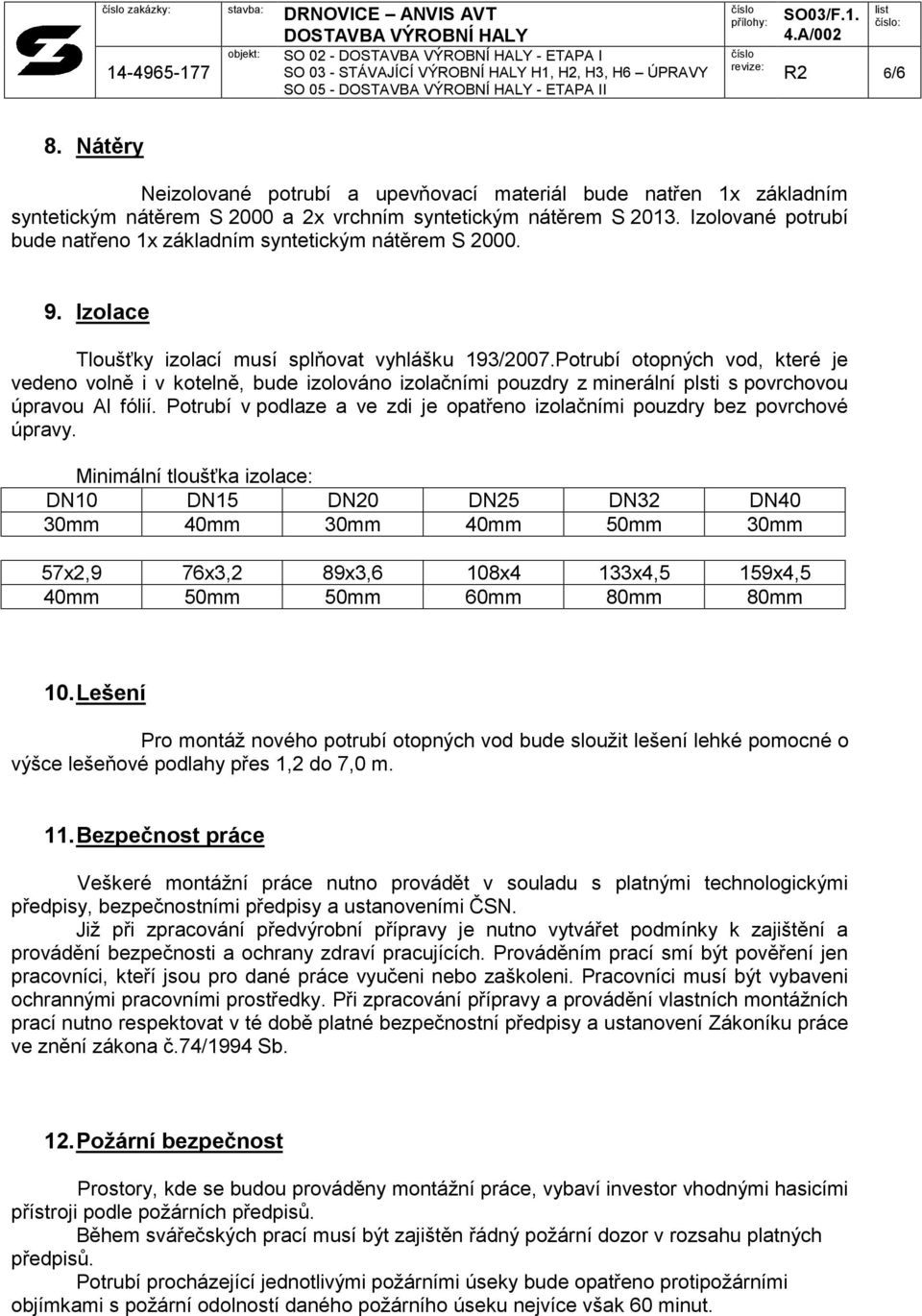 Izolované potrubí bude natřeno 1x základním syntetickým nátěrem S 2000. 9. Izolace Tloušťky izolací musí splňovat vyhlášku 193/2007.