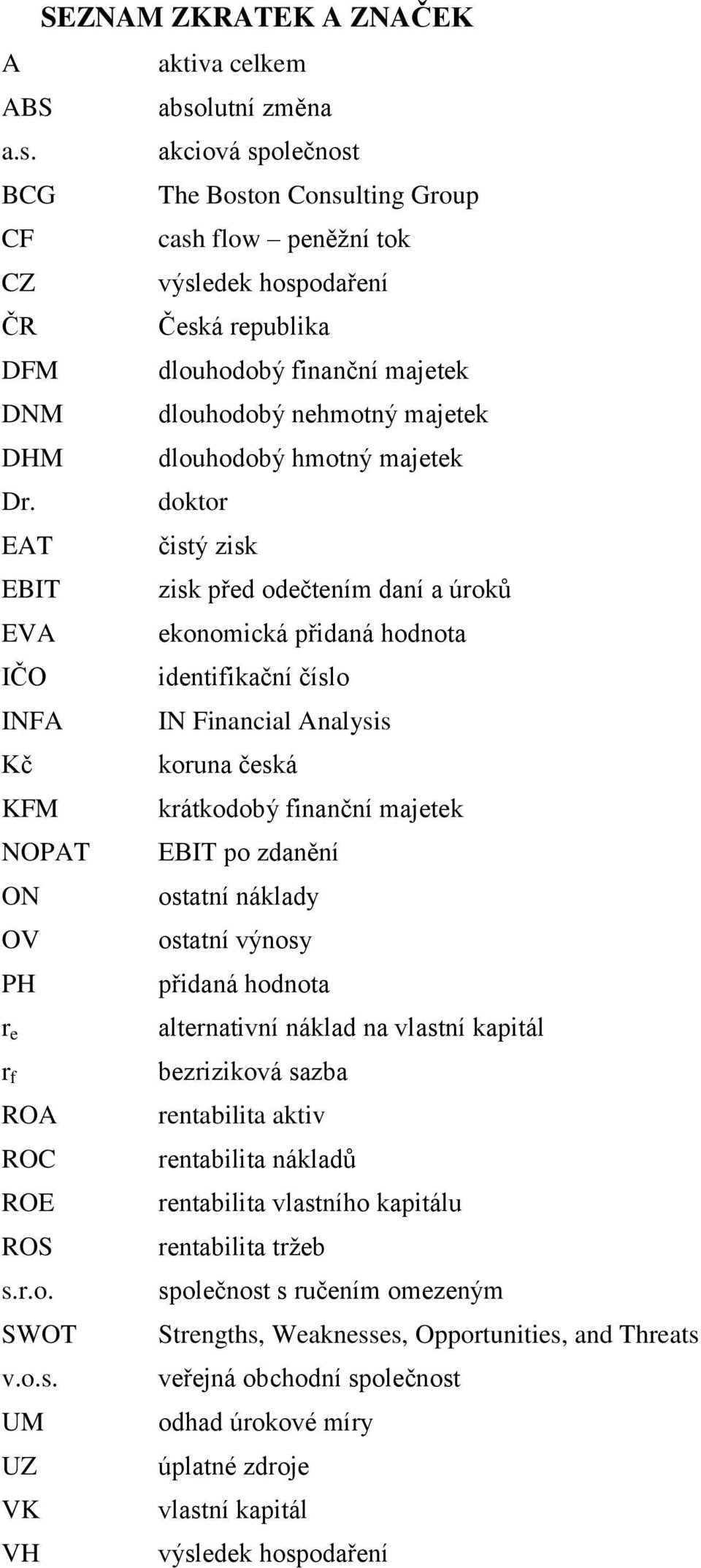 akciová společnost BCG The Boston Consulting Group CF cash flow peněžní tok CZ výsledek hospodaření ČR Česká republika DFM dlouhodobý finanční majetek DNM dlouhodobý nehmotný majetek DHM dlouhodobý